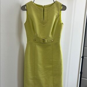 Tahari Sleeveless Lime Green Sheath Dress with Belt Detail